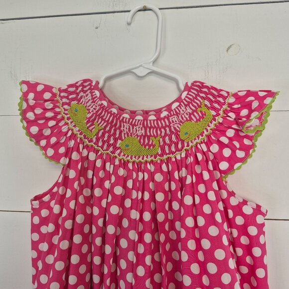Jetter bugs Pink Polka Dot Girls Dress With Whale Embroidery & Ruffle Sleeves - Picture 2 of 8